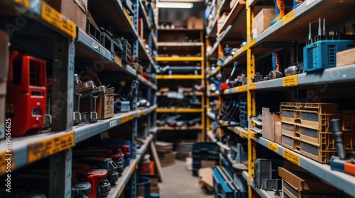 A narrow aisle in a well-stocked warehouse with shelves filled with tools and supplies.