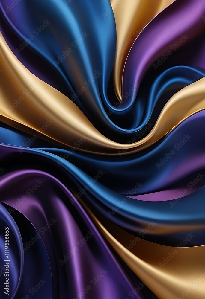 Fototapeta premium Abstract Smooth, flowing silk-like forms in deep blues, purples, and gold background