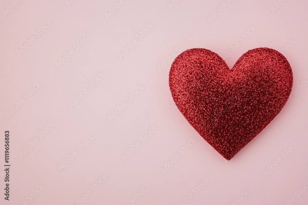 Glittering red heart decoration on a soft pink background for celebrations and events Glittering red heart decoration on a soft pink background for celebrations and events