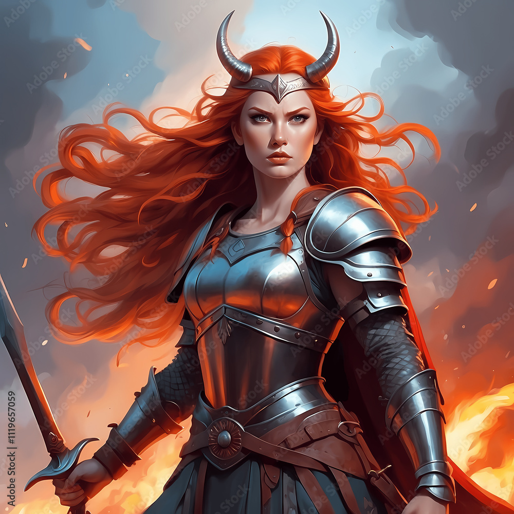Fierce warrior with flowing red hair stands confidently in armor surrounded by flames