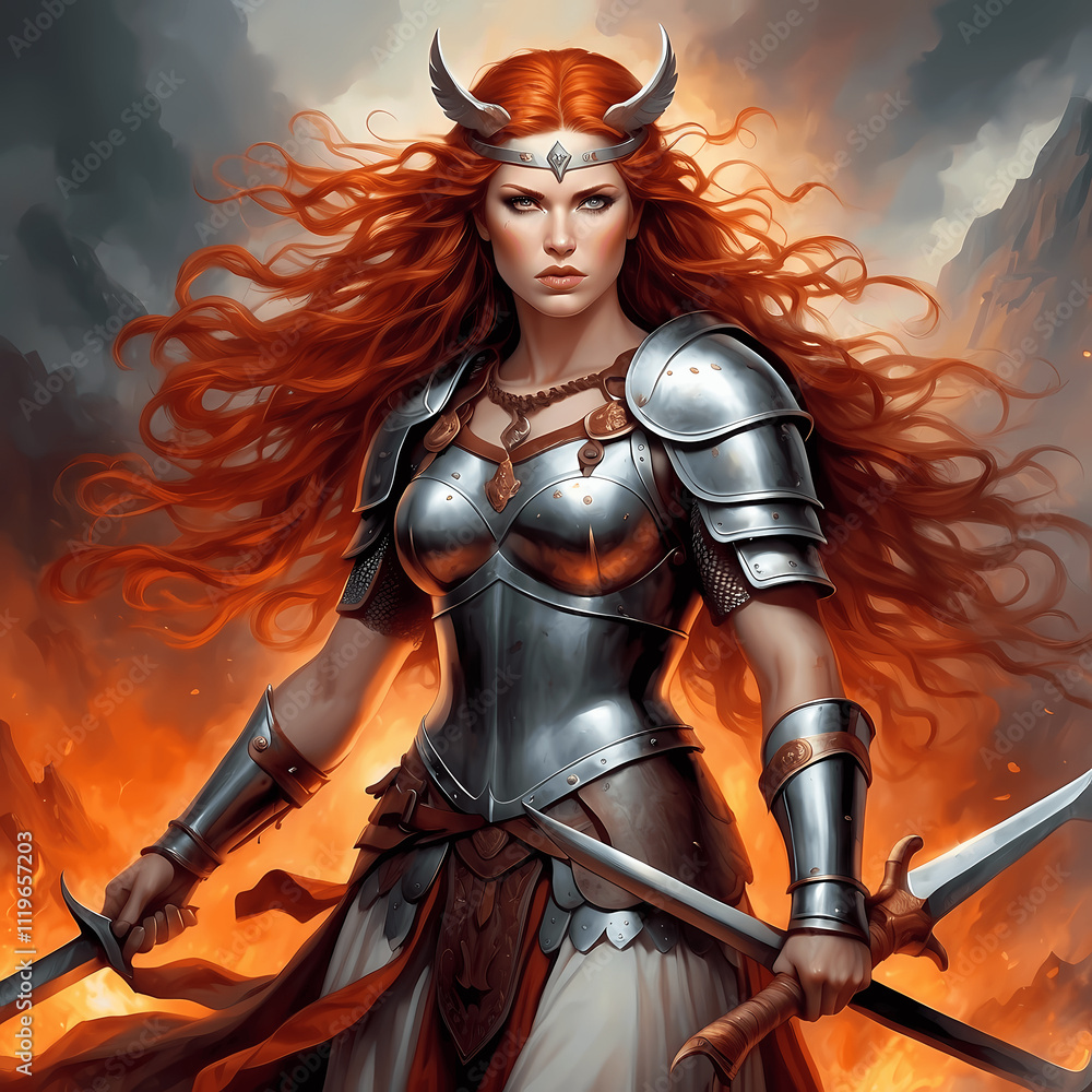 Fierce warrior with fiery red hair battles against dark forces in a volcanic landscape