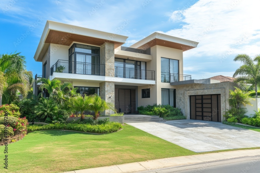 modern suburban house, two-story architecture beige and gray exterior modern suburban house, two-story architecture beige and gray exterior