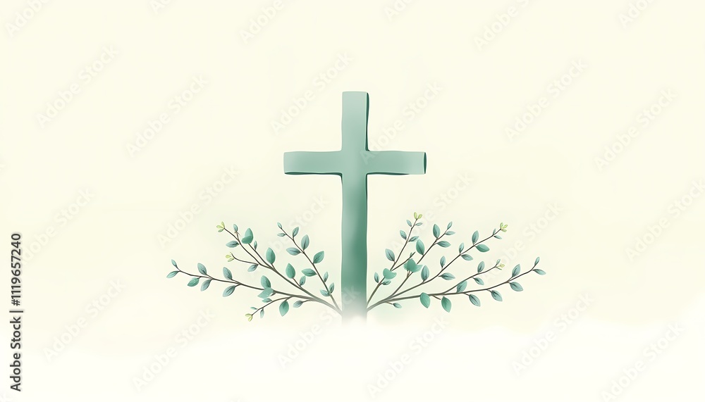 Serene illustration of a cross and leaves. Serene illustration of a cross and leaves.