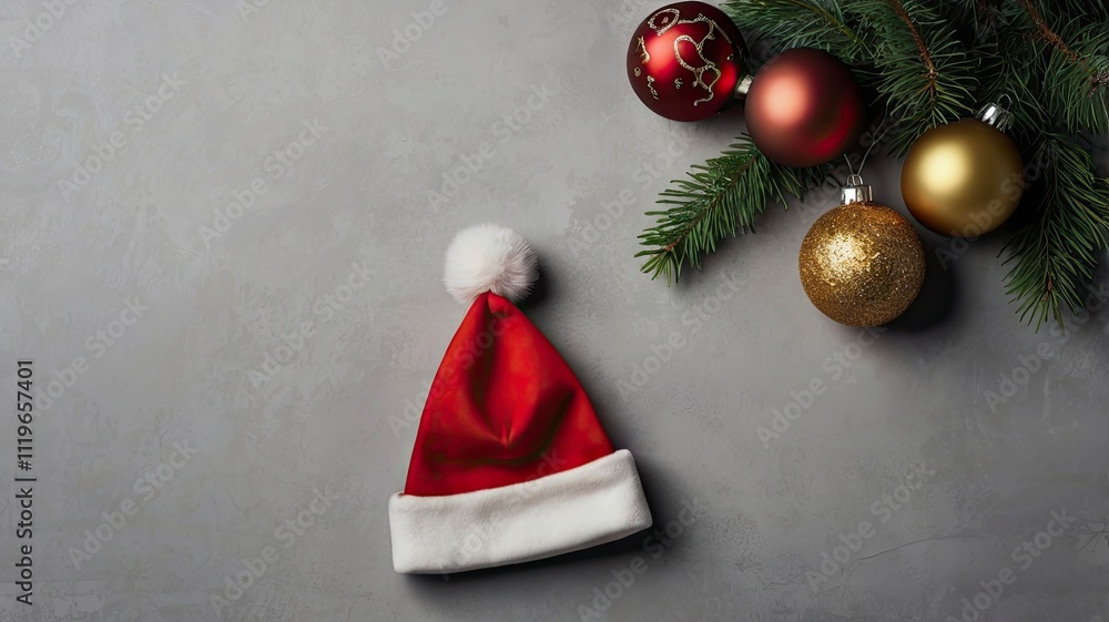 Christmas hat on gray background and some christmas baubles. Christmas template. Chirstmas background. Christmas and happy new year Concept. Top View, Flat lay. Negative Space Christmas hat on gray background and some christmas baubles. Christmas template. Chirstmas background. Christmas and happy new year Concept. Top View, Flat lay. Negative Space