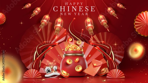 Chinese New Year background with glowing red lanterns, gold ingots, and traditional elements for luxurious holiday design. Poster template for the Year of the Snake.