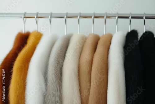 Display of various colored fur garments hanging on a rack in a boutique setting photo