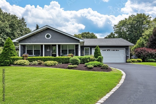 Ranch style house cedar shake siding grey exterior white trim covered porch garage photo