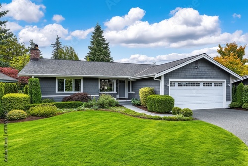 Ranch style house cedar shake siding grey exterior white trim covered porch garage photo