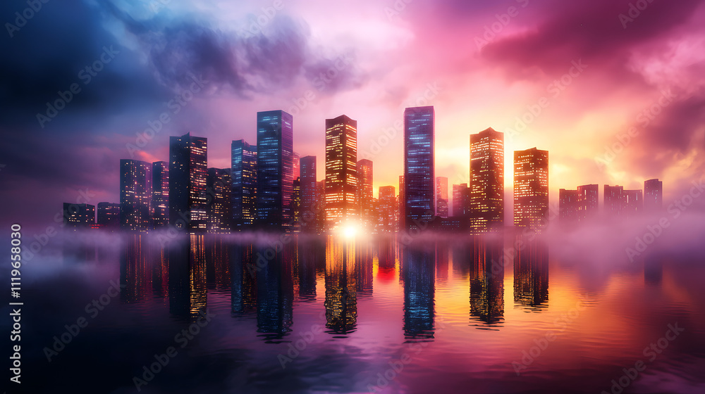 Fototapeta premium Stunning sunset reflection over urban skyline cityscape photography twilight atmosphere aesthetic viewpoint visual serenity