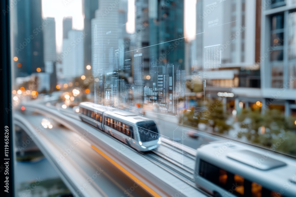 Fototapeta premium A modern tram swiftly travels through a bustling cityscape, digital overlays highlighting the integration of technology and movement.
