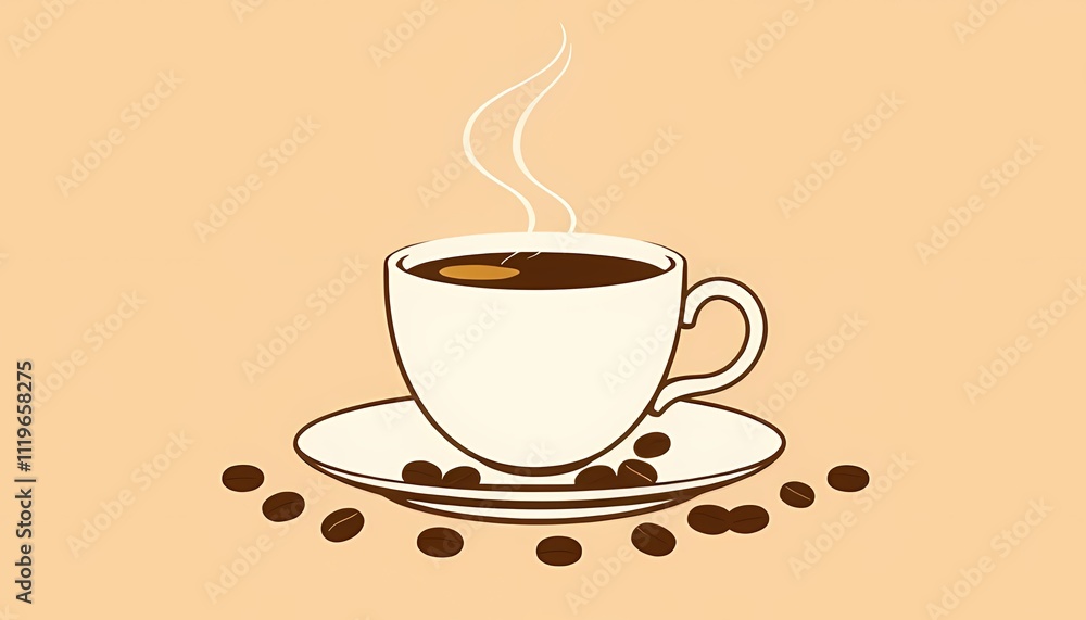 A steaming cup of coffee on a saucer with coffee beans. A steaming cup of coffee on a saucer with coffee beans.