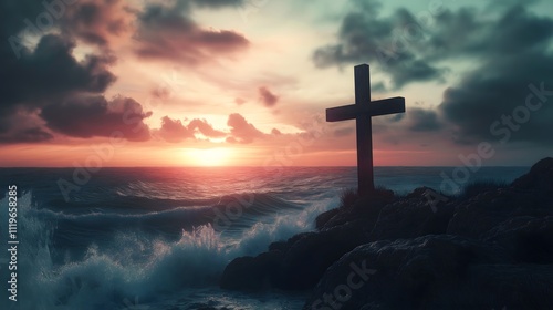 Powerful Christian Cross Silhouette Against Dramatic Ocean Sunset with Stormy Clouds Creating Spiritual Seascape of Faith and Divine Light