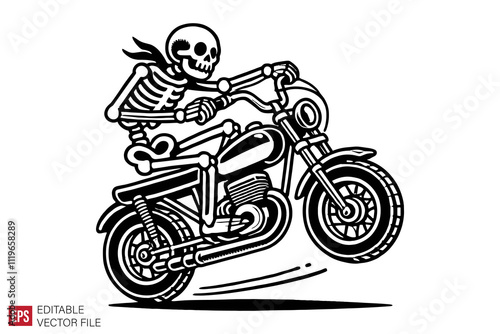 skeleton bikers riding motorcycle graphic flat illustration black and white design templates