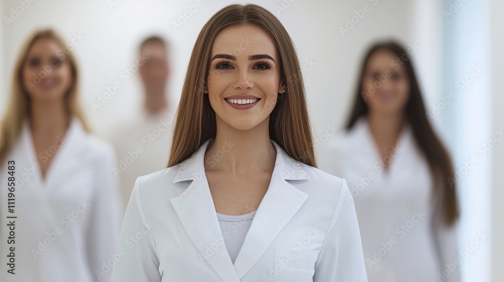 Group of Professionals in White Coats Smiling Together, Overweight risk and health nutrition challenge concept. Group of Professionals in White Coats Smiling Together, Overweight risk and health nutrition challenge concept.