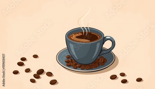 Steaming cup of coffee and coffee beans. Vintage style illustration.