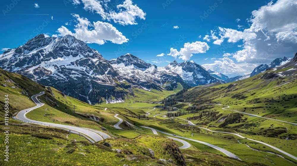 The stunning beauty of the Susten Pass, with its winding roads, snow-capped peaks, and clear blue skies The stunning beauty of the Susten Pass, with its winding roads, snow-capped peaks, and clear blue skies