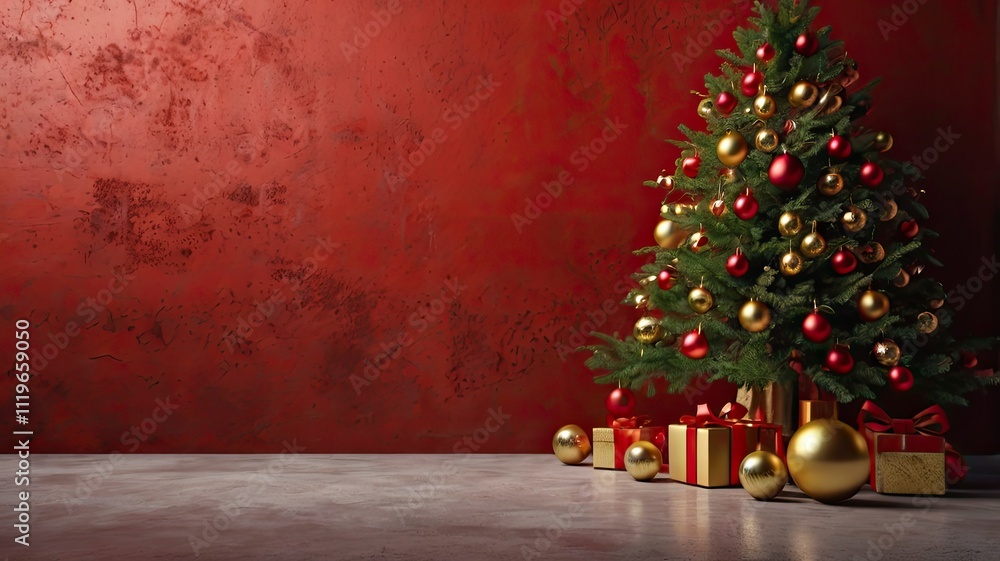 Christmas tree decorated with light start red and golden ball in a red paint concrete wall for a merry chirstmas day. 3d rendering christmas tree. Christmas tree decorated with light start red and golden ball in a red paint concrete wall for a merry chirstmas day. 3d rendering christmas tree.