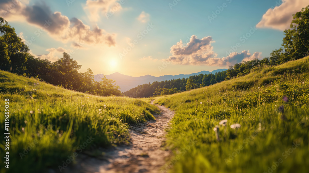 Obraz premium Tranquil mountain trail at sunrise a scenic nature photography