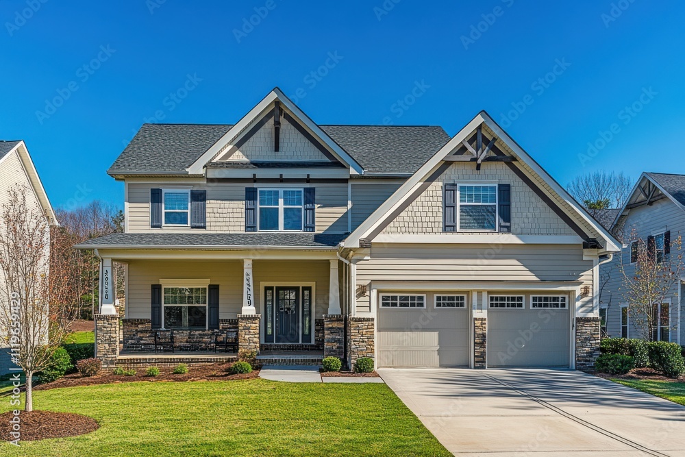 Two story suburban house light beige siding gray roof craftsman style covered porch Two story suburban house light beige siding gray roof craftsman style covered porch
