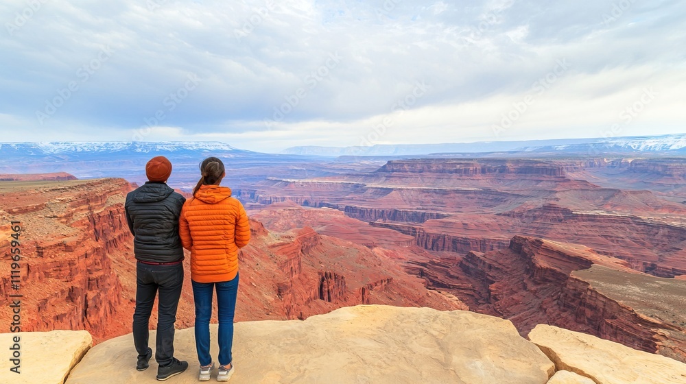 Fototapeta premium Admiring the Vast Scenic Landscape, Road trip couple adventure travel and memories concept.