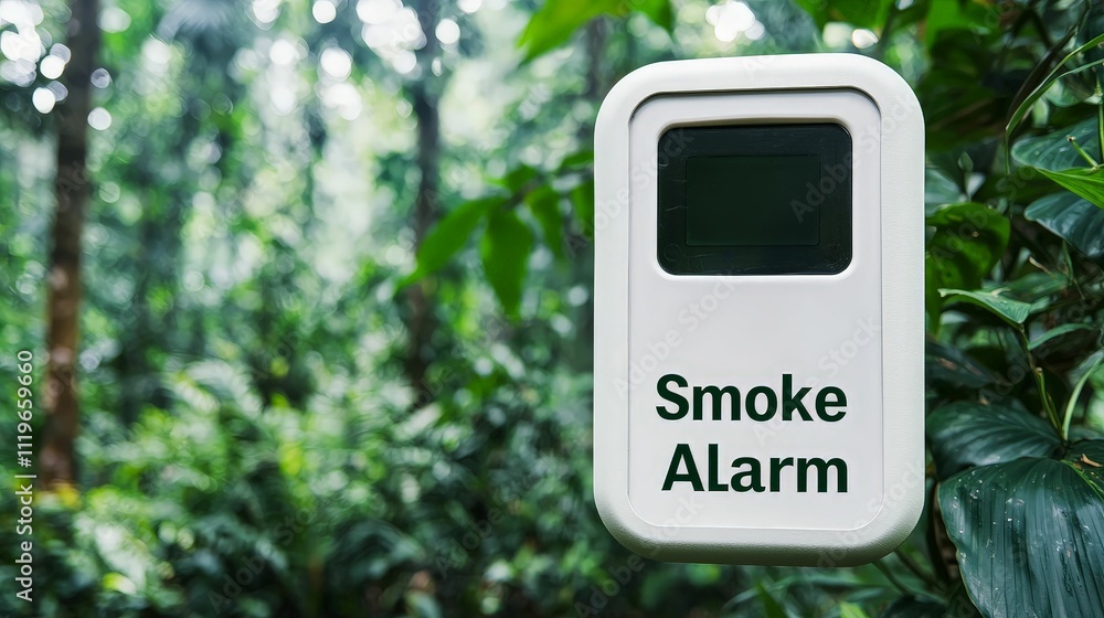 fire alarm concept. Smoke alarm installed in a lush green forest environment for safety awareness. fire alarm concept. Smoke alarm installed in a lush green forest environment for safety awareness.