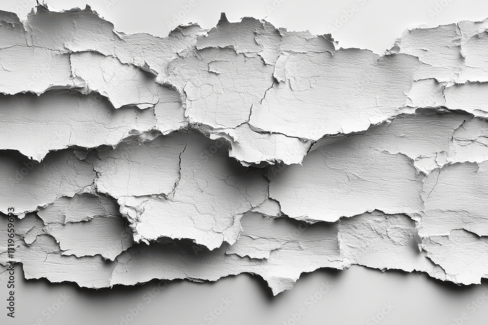 Fototapeta premium Textured white surface with cracked layers, creating a visually interesting abstract design.