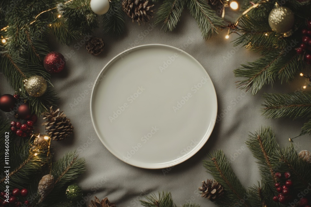 A blank plate is encircled by evergreen branches, pinecones, and ornaments, capturing a festive, rustic holiday table setup. A blank plate is encircled by evergreen branches, pinecones, and ornaments, capturing a festive, rustic holiday table setup.