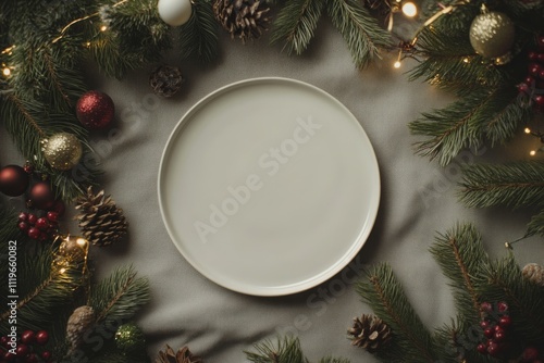 A blank plate is encircled by evergreen branches, pinecones, and ornaments, capturing a festive, rustic holiday table setup.