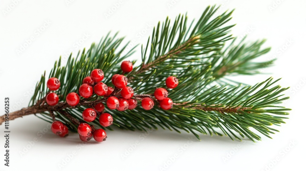 Bright Green Pine Branch with Red Berries Bright Green Pine Branch with Red Berries
