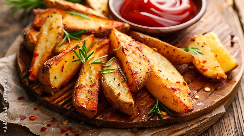 Wedges of fried potatoes with vegetables and ketchup Wedges of fried potatoes with vegetables and ketchup
