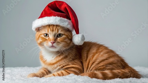 Cute merry Christmas winter pet kitten ginger cat dressed up and wearing Santa Claus hat costume isolated white background for xmas, Chrismas or x-mas card. Happy animal wear clothes and laying down