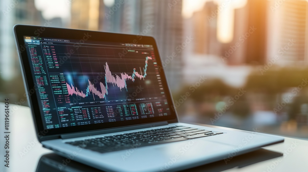 Laptop with stock market graph on screen against city backdrop. Laptop with stock market graph on screen against city backdrop.