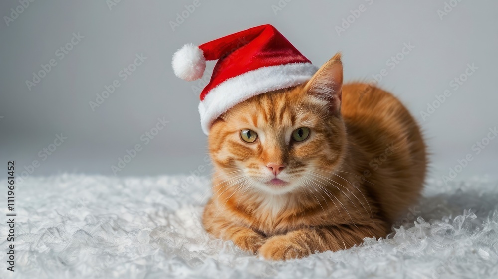 Cute merry Christmas winter pet kitten ginger cat dressed up and wearing Santa Claus hat costume isolated white background for xmas, Chrismas or x-mas card. Happy animal wear clothes and laying down Cute merry Christmas winter pet kitten ginger cat dressed up and wearing Santa Claus hat costume isolated white background for xmas, Chrismas or x-mas card. Happy animal wear clothes and laying down