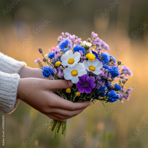 Hands offering a small bouquet of wildflowers to a stranger, close-up view with soft natural lighting, blurred warm-toned background, tender and thoughtful mood, detailed textures of flowers and hands