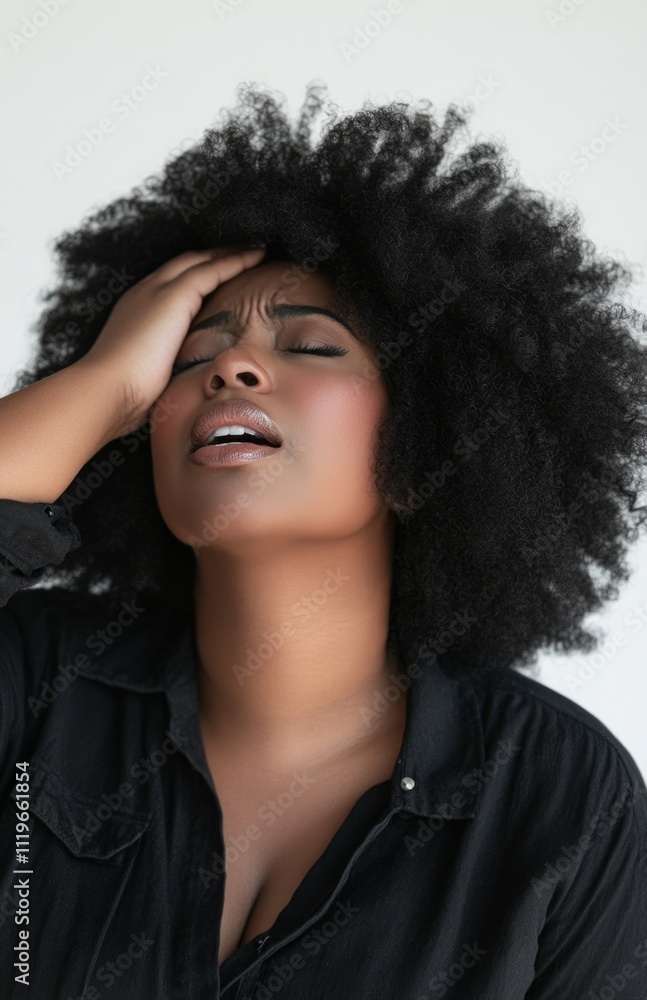 Beautiful plus-size Black woman with afro hair screaming in pain, holding her head Beautiful plus-size Black woman with afro hair screaming in pain, holding her head