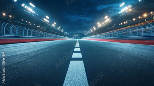 Asphalt race track with finish line illuminated at night in a vibrant stadium setting