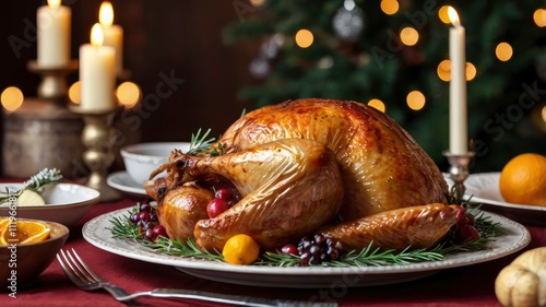 Delicious roasted turkey on festive table, closeup