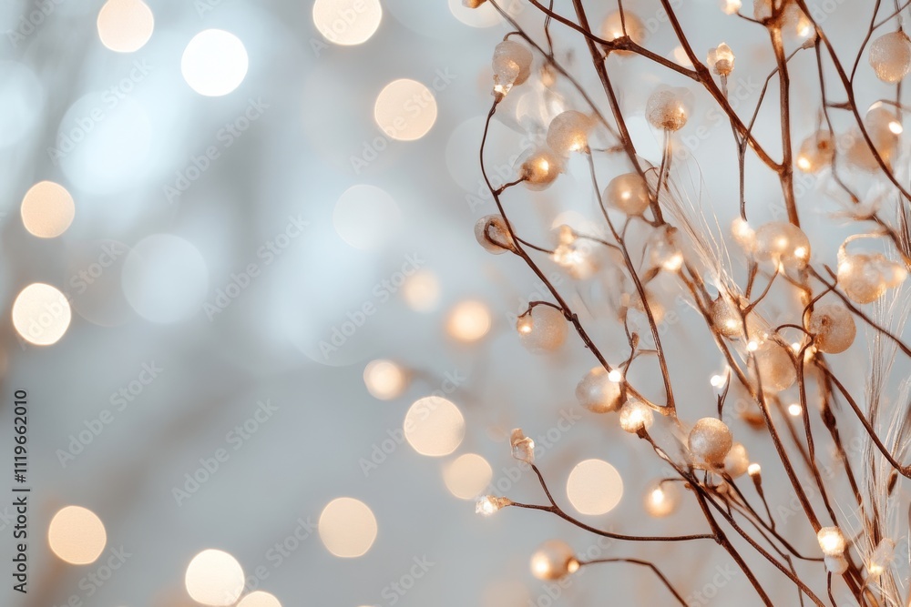 Twinkling lights and delicate ornaments create an ethereal atmosphere on bare branches, illuminating a wintry dreamscape with festive charm.
