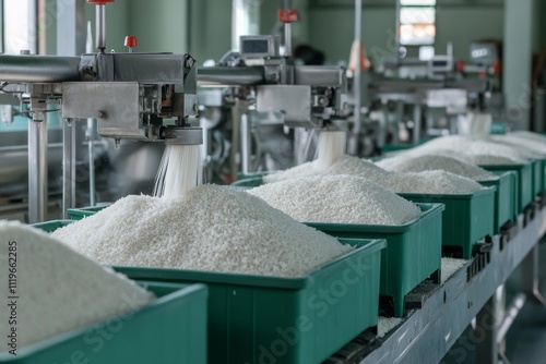 Industrial space with lines of rice filling machinery, highlighting the automated process in a modern food production facility.