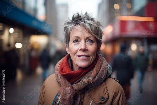 Portrait of a happy senior woman at night in New York City