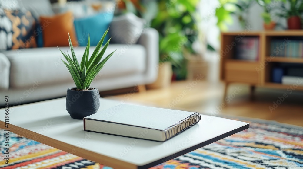 Book mockup placed on a coffee table with decorations and a colorful rug for presentation. Book mockup placed on a coffee table with decorations and a colorful rug for presentation.