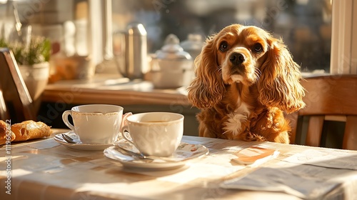Charming Golden Dog with Fluffy Coat Sitting at Sunlit Table with Coffee Cups and Pastries, Capturing a Cozy Morning Atmosphere in a Warm Kitchen Setting