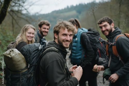 A group of adventurous hikers pause, smiling amidst a lush landscape, embodying camaraderie and the spirit of exploration.