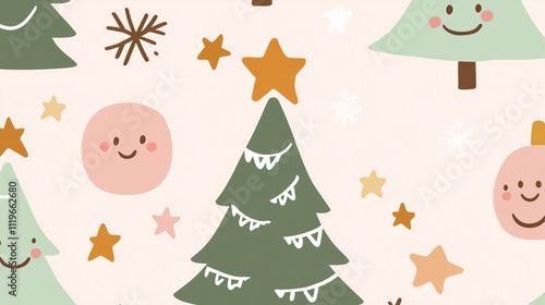 Festive Christmas Trees And Smiling Faces With Stars On Pink Background photo