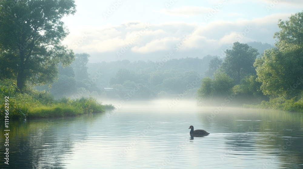 Serene misty morning river scene with single duck. Serene misty morning river scene with single duck.