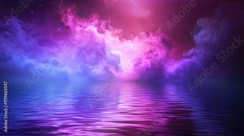 Cosmic nebula reflected in calm water, vibrant purple and blue hues.