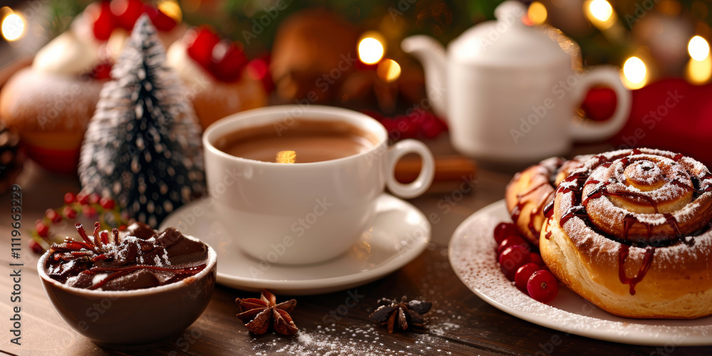 Fototapeta premium Cozy Christmas morning breakfast with cinnamon rolls, hot cocoa, and festive decorations