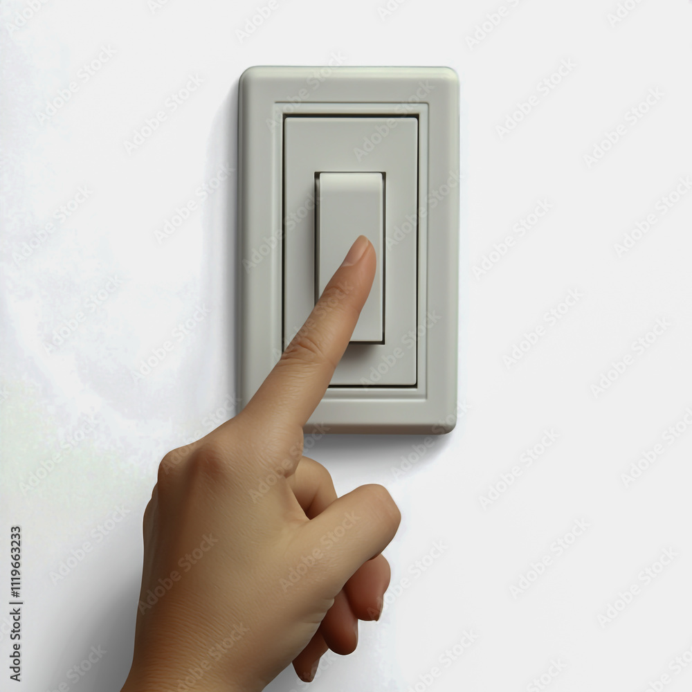 Hand with finger on light switch isolated on white background. Hand with finger on light switch isolated on white background.
