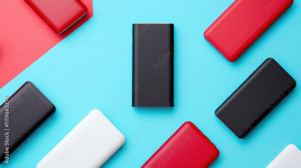 battery replacement concept. Various portable chargers on a colorful background. battery replacement concept. Various portable chargers on a colorful background.