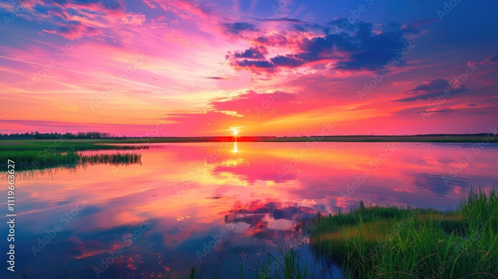 A vibrant sunset over a tranquil lake, with the sky painted in shades of pink, orange, and purple A vibrant sunset over a tranquil lake, with the sky painted in shades of pink, orange, and purple